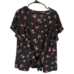 Kontrol Black Floral Tie Front Flutter Short Sleeve Blouse Women Sz 2X